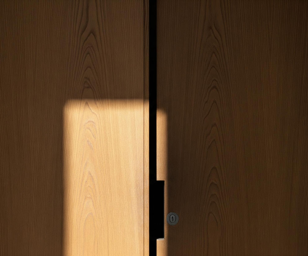 Dwoje brązowych, drewnianych drzwi z widocznym usłojeniem zajmuje centralną część kadru, tworząc niemal lustrzane odbicie. Pośrodku znajduje się pionowa szczelina, lekko rozchylająca drzwi, a w niej czarny pionowy element z okrągłym zamkiem na klucz po prawej stronie. Na lewym skrzydle drzwi widoczne są dwa metalowe zawiasy, podobny zawias znajduje się również na prawym skrzydle. Światło słoneczne pada ukośnie na lewe skrzydło drzwi, tworząc jasny prostokątny obszar, podczas gdy reszta drzwi pozostaje w półcieniu.