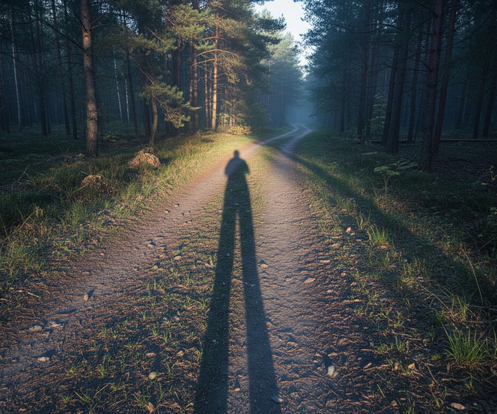 Długa, ciemna sylwetka człowieka rzuca się na pierwszym planie na gruntowej, piaszczystej drodze, która wije się przez mglisty las. Promienie słońca oświetlają drogę i lewą stronę lasu, tworząc kontrast z prawą stroną, pogrążoną w głębokim cieniu. W oddali, wzdłuż zakręcającej drogi, widać gęste, ciemne drzewa, a niebo nad horyzontem jest jasne, sugerując poranek lub późne popołudnie.