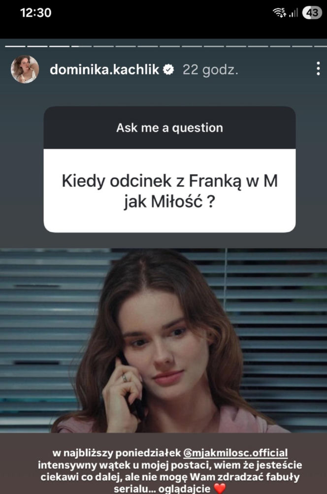 Dominika Kachlik (Franka z M jak miłość) na Instagramie zapowiada 1901 odcinek