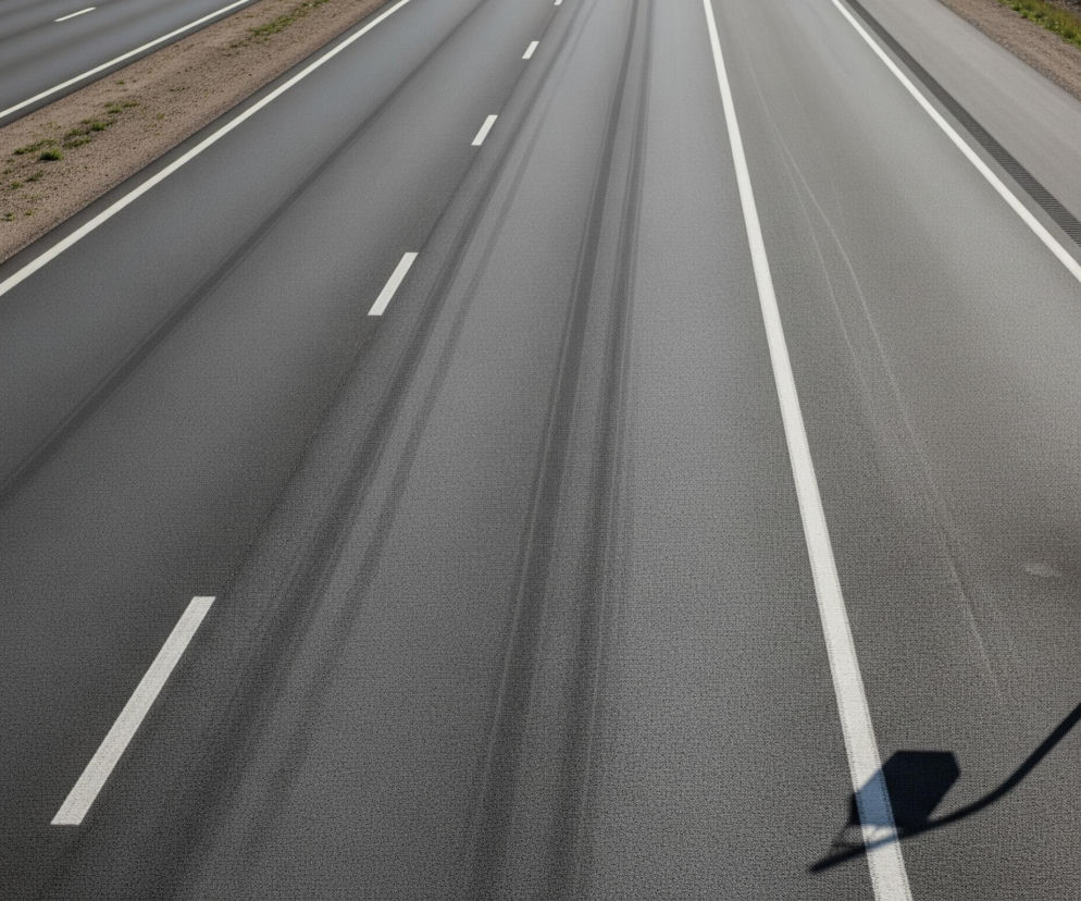 Asfaltowa autostrada z czterema pasami ruchu, po dwa w każdym kierunku, dominuje na obrazie. Pasy ruchu są oddzielone białymi liniami przerywanymi, a oba kierunki ruchu rozdziela szeroki pas zieleni z rzadką trawą i kamienistą nawierzchnią. Na poboczu po prawej stronie drogi widoczny jest szary słupek z czerwono-białymi pasami, wygięty w łuk ku górze, z którego zwisa metalowa skrzynka, rzucając długi, ciemny cień na nawierzchnię autostrady.