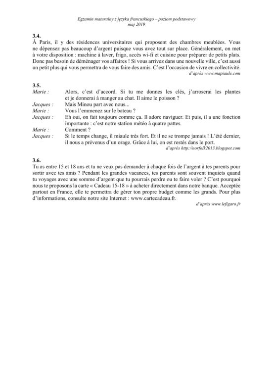 ARKUSZE CKE - Matura francuski - poziom podstawowy 2019