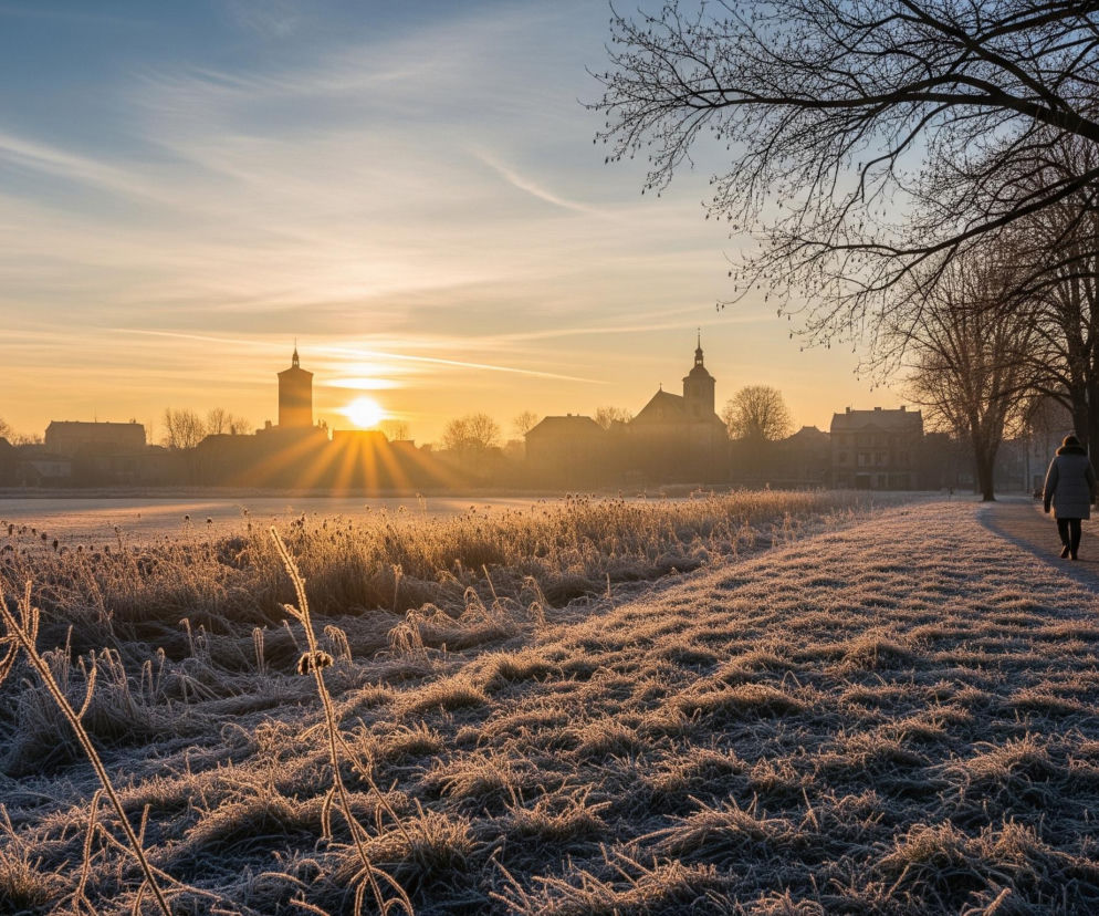 Słońce, nisko nad horyzontem, promienieje intensywnym, złotym światłem, rzucając długie cienie i rozświetlając całą scenę. Na pierwszym planie widać pole pokryte gęstą, oszronioną trawą i uschniętymi roślinami, które mienią się w promieniach wschodzącego słońca. Po prawej stronie wije się asfaltowa ścieżka, którą idzie samotna osoba w ciemnej, zimowej kurtce. W tle widoczna jest sylwetka miasta z wieżami kościołów i zabudowaniami, otoczona drzewami bez liści, a niebo stopniowo przechodzi od błękitu w górze do ciepłego pomarańczu przy horyzoncie.