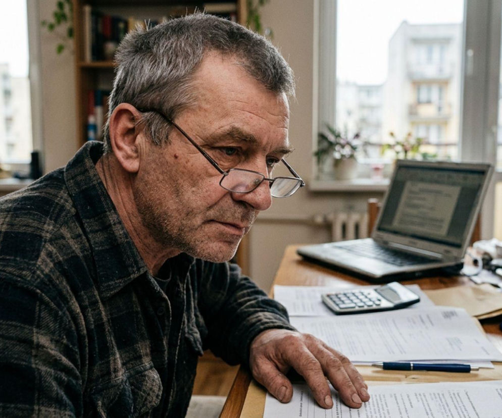 Starszy mężczyzna w okularach, w koszuli w kratę, siedzący przy biurku z dokumentami i laptopem, uważnie studiuje papiery, co symbolizuje analizę danych dotyczących rent wypadkowych. Więcej na ten temat przeczytasz na Super Biznes.