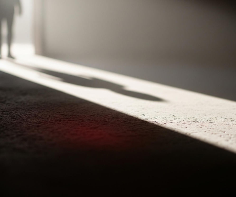 Rozmyta postać ludzka, widoczna od kolan w górę, stoi w oddali w jasnym świetle na końcu ciemnego korytarza. Światło tworzy na podłodze wyraźny, długi cień skierowany ku obserwatorowi oraz cień postaci. Podłoga w jasnej części ma chropowatą, beżowo-białą teksturę, natomiast w ciemniejszej, bliższej części widoczne są czerwonobrązowe odcienie.