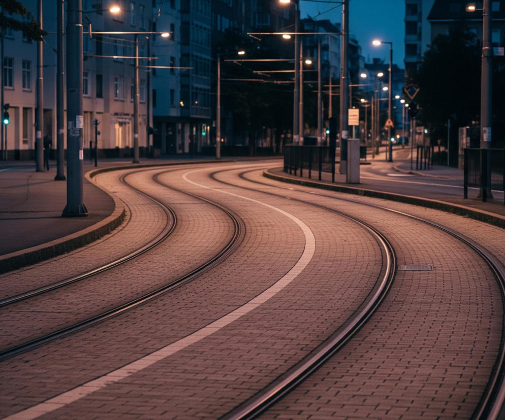 Ulica nocą ukazuje kręte tory tramwajowe wyłożone brukiem, biegnące przez centrum kadru. Pośrodku torowiska widoczna jest jasna, biała linia. Wzdłuż ulicy, po obu stronach, rozmieszczone są latarnie o ciepłym, pomarańczowym świetle, oświetlające budynki i drzewa w tle. Dominują ciemne odcienie błękitu i fioletu na niebie oraz w oddali, kontrastujące z pomarańczowym blaskiem świateł i ceglastym kolorem bruku.