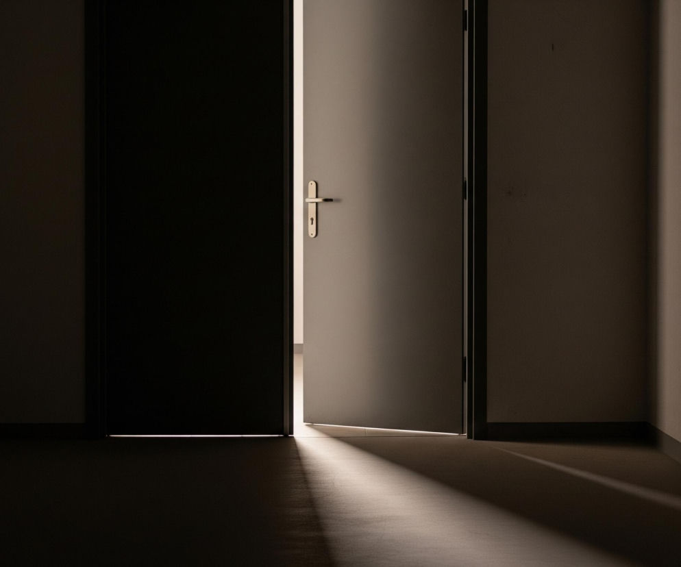 Drzwi w kremowym kolorze są uchylone, z wyraźnie widoczną złotą klamką i zamkiem, ukazując intensywne światło zza nich. Otwór drzwiowy tworzy jasny, pionowy pas światła, który rozlewa się na ciemną podłogę, tworząc ukośny prostokątny refleks. Lewa część obrazu, obejmująca zamknięte drzwi i ścianę, jest prawie całkowicie ciemna, natomiast prawa strona pomieszczenia również tonie w półmroku, z widocznym cieniem rzucanym przez drzwi. Całość kompozycji podkreśla kontrast między światłem a cieniem, z dominującymi barwami brązu i szarości.