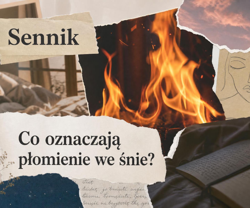 Kolaż zdjęć z ogniskiem, śpiącą kobietą i pytaniem o płomienie we śnie. O senniku i emocjach przeczytasz na SE.