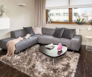 Wygodna szara sofa w przestronnym salonie
