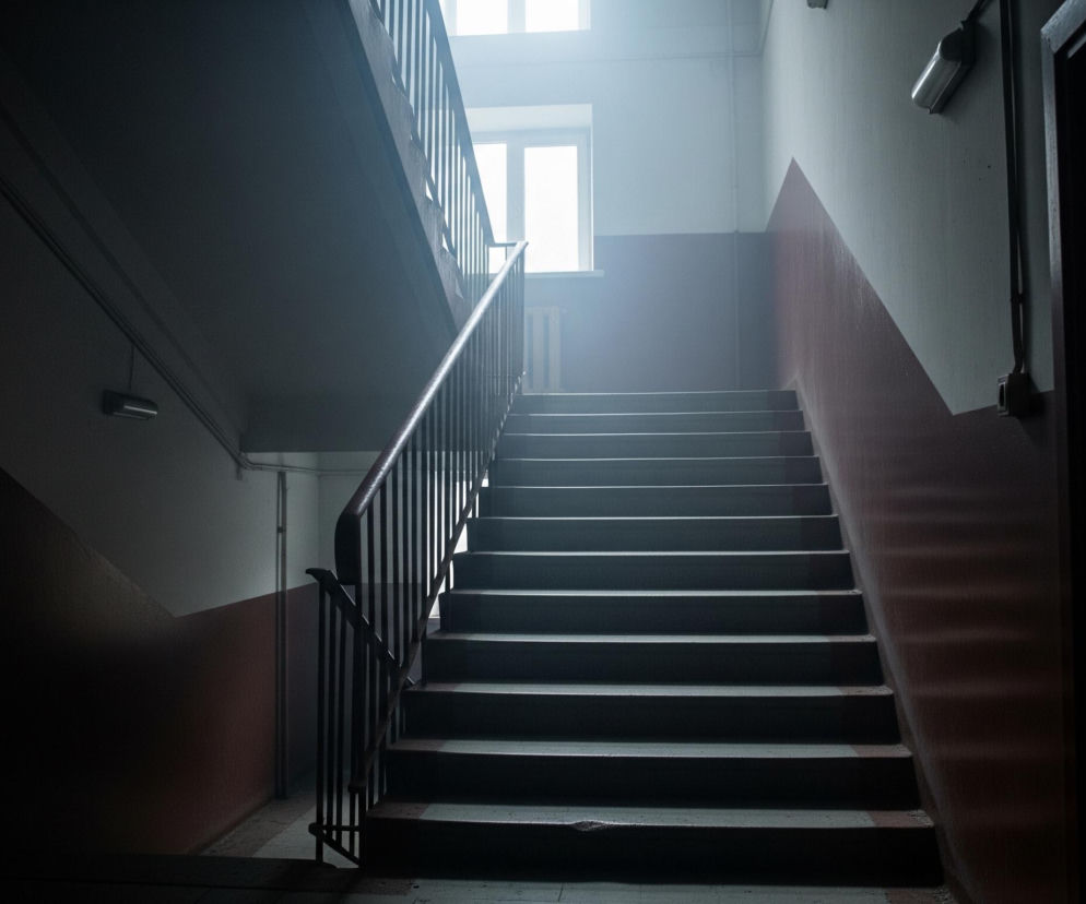 Długie, szare schody z ciemną, metalową balustradą prowadzą w górę pośrodku kadru, w kierunku silnego światła padającego z okna na końcu klatki schodowej. Ściany są częściowo białe lub jasnoszare i częściowo ciemnobordowe, tworząc trójkątne sekcje na ich łączeniach. W tle widać białe rury i kable biegnące wzdłuż ścian, a także czarne, podłużne lampy ścienne w kształcie tub.