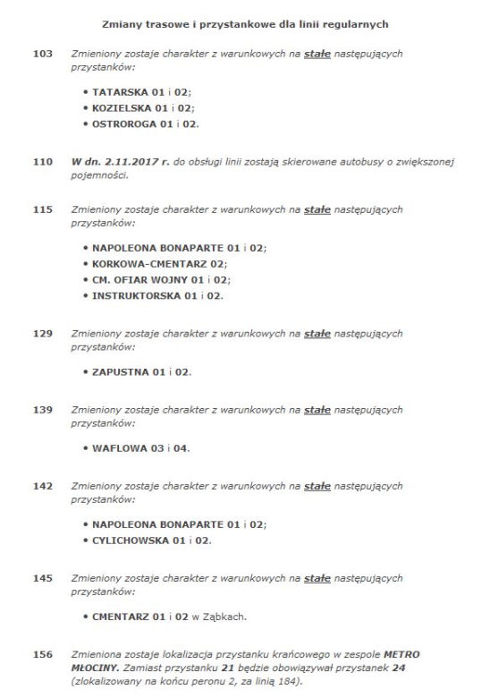 CZĘŚĆ 1      Zmiany obowiązujące w dniach 23-27.10.2017 r. oraz 2.11.2017 r. (poniedziałek-piątek oraz czwartek)