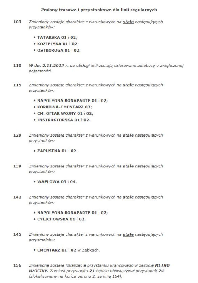 CZĘŚĆ 1      Zmiany obowiązujące w dniach 23-27.10.2017 r. oraz 2.11.2017 r. (poniedziałek-piątek oraz czwartek)