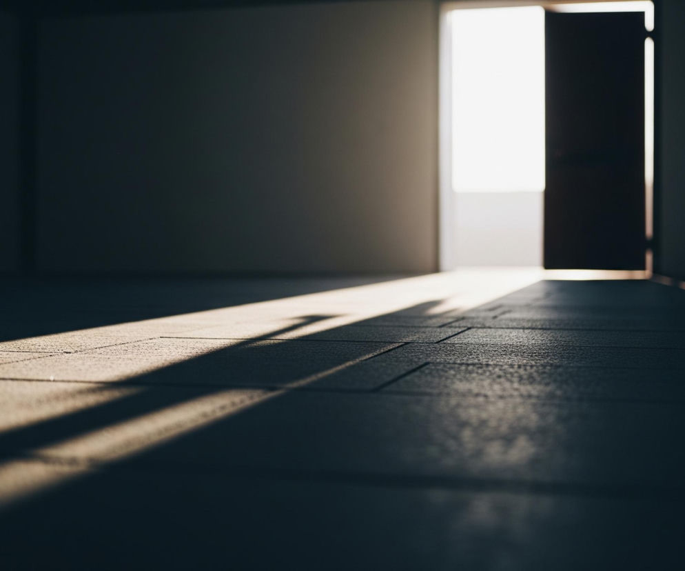 Słońce wpada do ciemnego pomieszczenia przez otwarte drzwi po prawej stronie kadru, rzucając długie, skośne cienie na podłogę. Jasne, białe światło z zewnątrz kontrastuje z ciemnymi ścianami i podłogą, która wydaje się być pokryta płytkami o drobnej, chropowatej fakturze. Ostre, złote pasmo światła biegnie od progu w kierunku lewego dolnego rogu zdjęcia, podkreślając teksturę powierzchni. Ciemne wnętrze i jasne światło z zewnątrz tworzą wyraźny podział na scenie.
