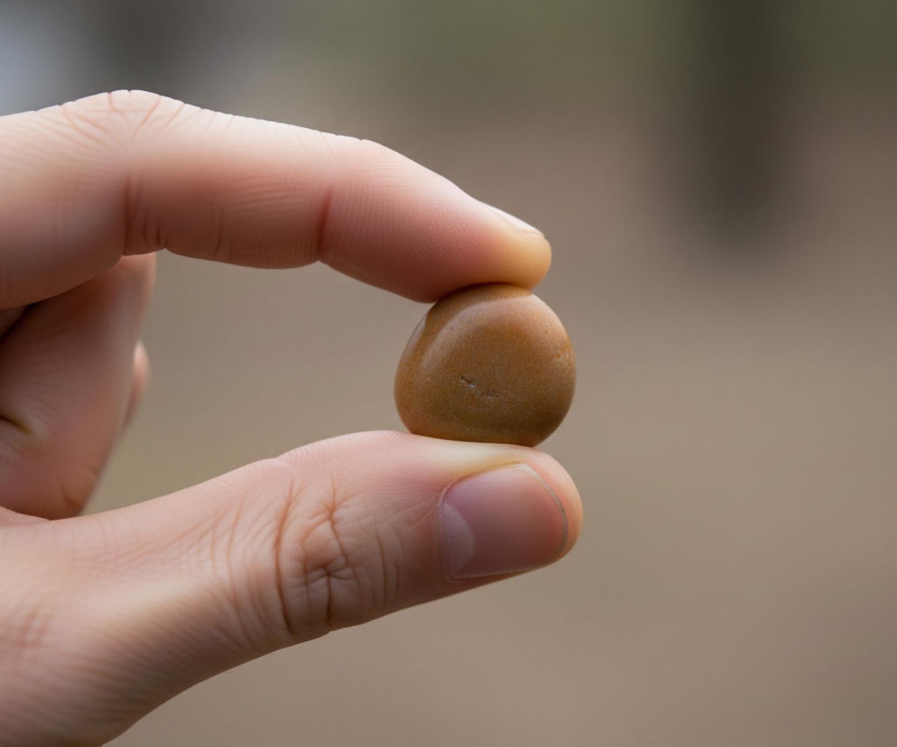 Dłoń trzyma mały, gładki, brązowo-pomarańczowy kamień między kciukiem a palcem wskazującym. Skóra dłoni jest jasna, z widocznymi zagięciami i delikatnymi zmarszczkami na stawach palców. Kamień ma nieregularny, owalny kształt, a jego powierzchnia wydaje się być lekko błyszcząca, z kilkoma drobnymi, ciemniejszymi plamkami. Tło jest rozmyte, w odcieniach beżu i szarości, sugerujące otwartą przestrzeń na zewnątrz.