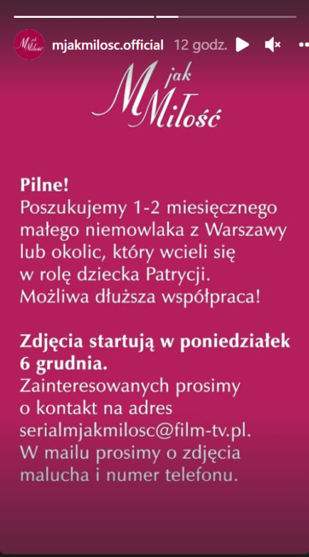 M jak miłość. Dziecko Patrycji poszukiwane! Produkcja serialu ma poważny problem z losami noworodka  