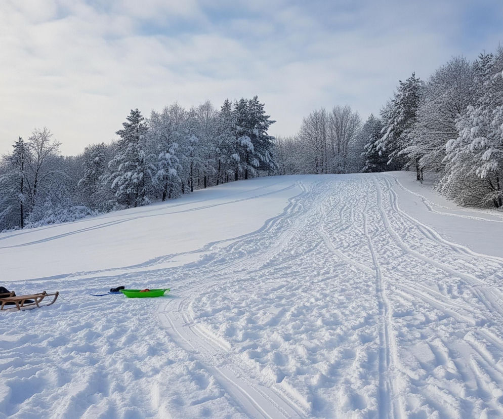 Zasypana śniegiem polana, otoczona drzewami pokrytymi grubą warstwą białego puchu, rozciąga się pod częściowo zachmurzonym niebem. Na pierwszym planie, po lewej stronie, leżą na śniegu dwie drewniane sanki oraz zielony plastikowy ślizgacz, obok nich widać czarną torbę lub kurtkę. W oddali po prawej stronie, wznosi się łagodne wzniesienie, na którego powierzchni liczne ślady sań i zjazdów tworzą siatkę linii i zagłębień w śniegu.
