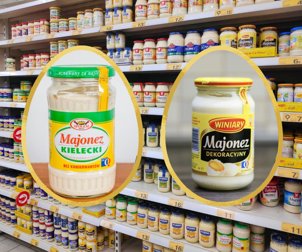 Słoiki majonezów Winiary i Kielecki na tle półek sklepowych z różnymi markami majonezów. Ilustracja rywalizacji o polski stół wielkanocny, gdzie oba majonezy są kluczowe. O tym, który rządzi, przeczytasz na Super Biznes.