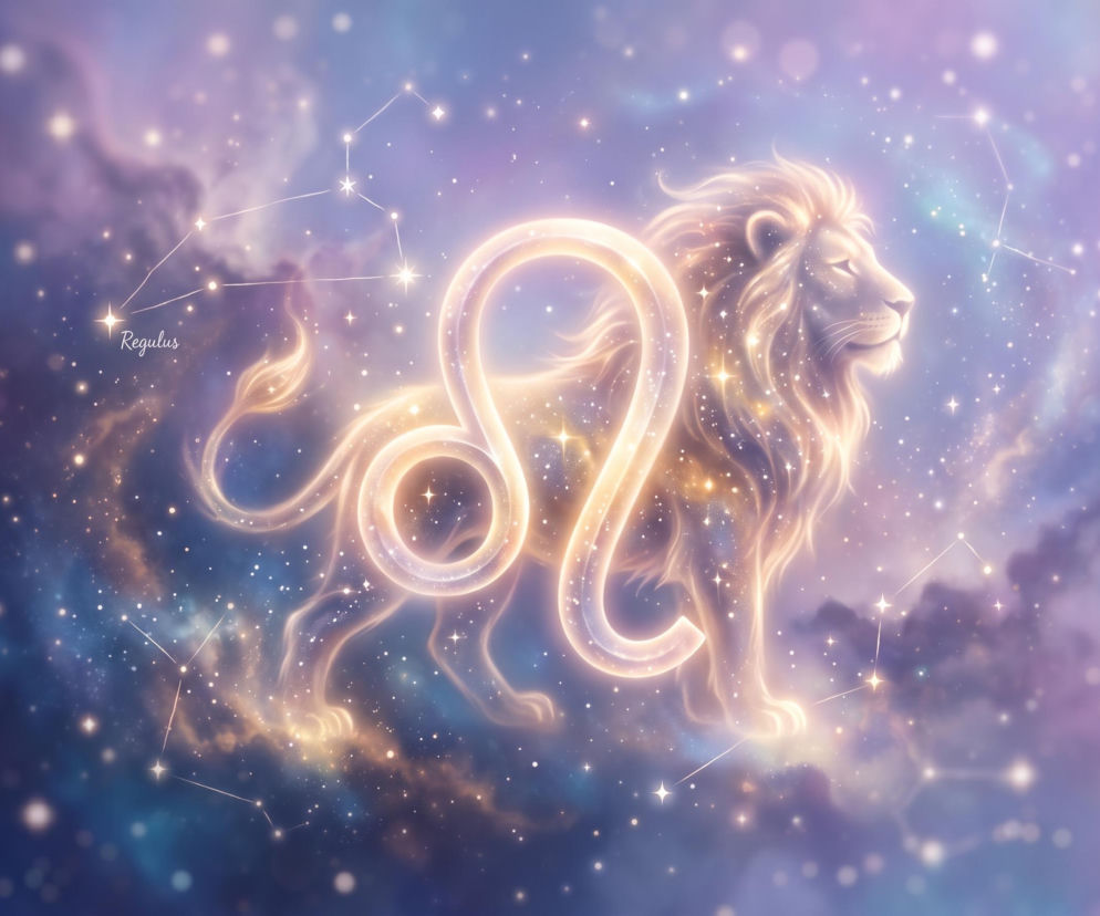 Złoty lew na tle gwieździstego nieba z symbolem zodiaku. O horoskopie dziennym dla Lwa przeczytasz na Eska.