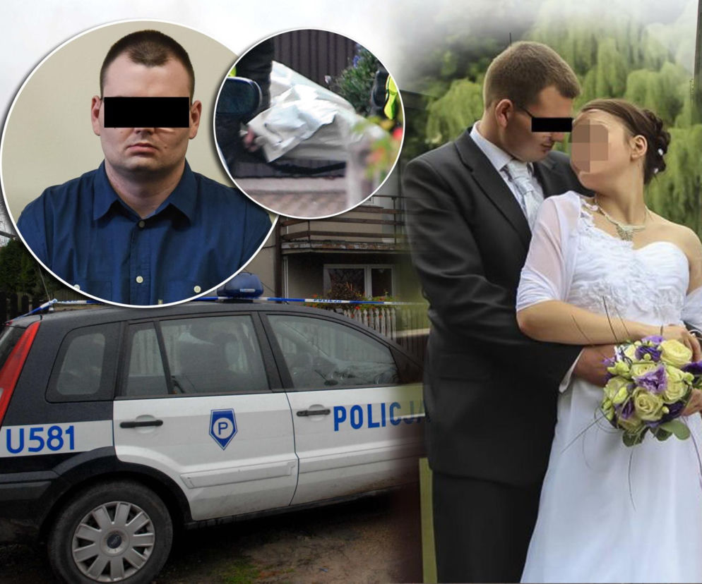Radiowóz przed domem. Obok ślubne zdjęcie pary. Na miniaturach Norbert J. i ciało ofiary. O zbrodni czytaj w SE.