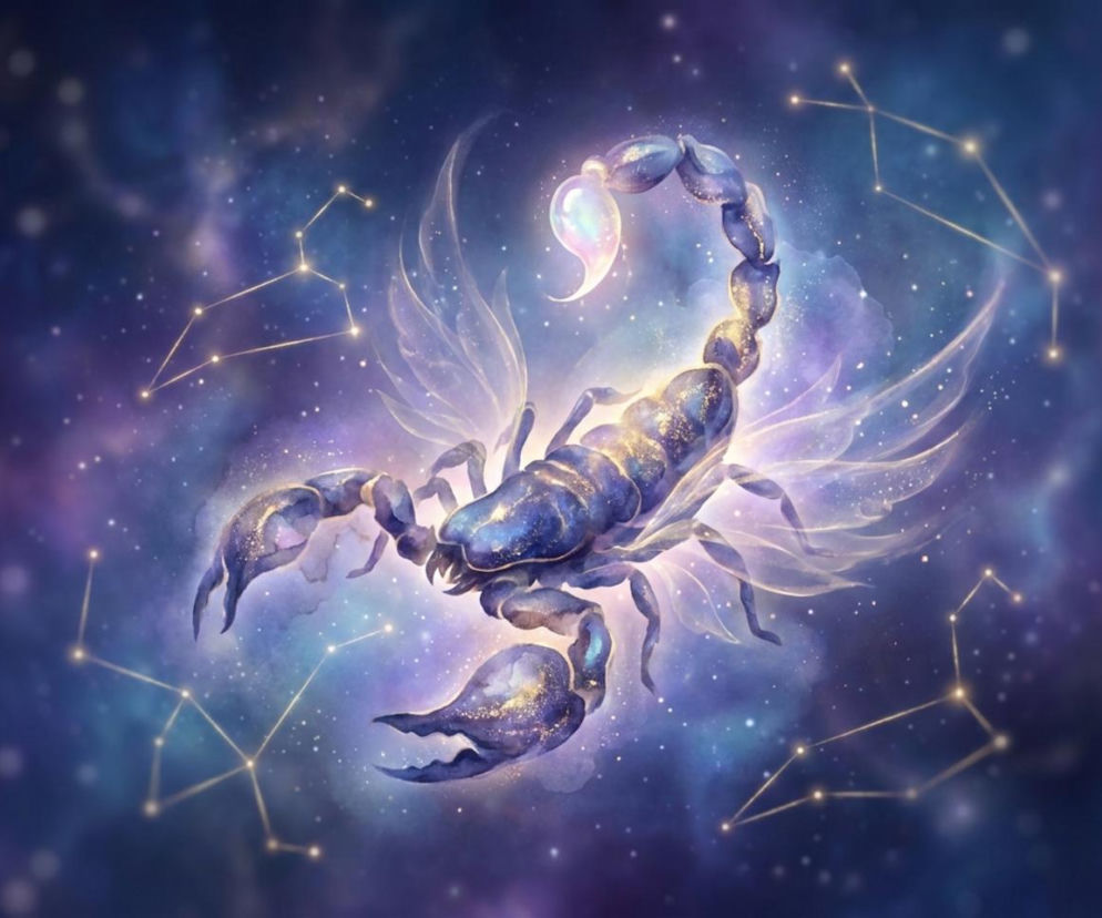 Ilustracja artystyczna przedstawiająca znak zodiaku Skorpiona jako mityczne stworzenie z subtelnymi skrzydłami i świecącym żądłem, osadzone na tle rozgwieżdżonego, fioletowo-niebieskiego nieba pełnego konstelacji, zgodnie z horoskopem dziennym, o którym przeczytasz na naszym portalu.