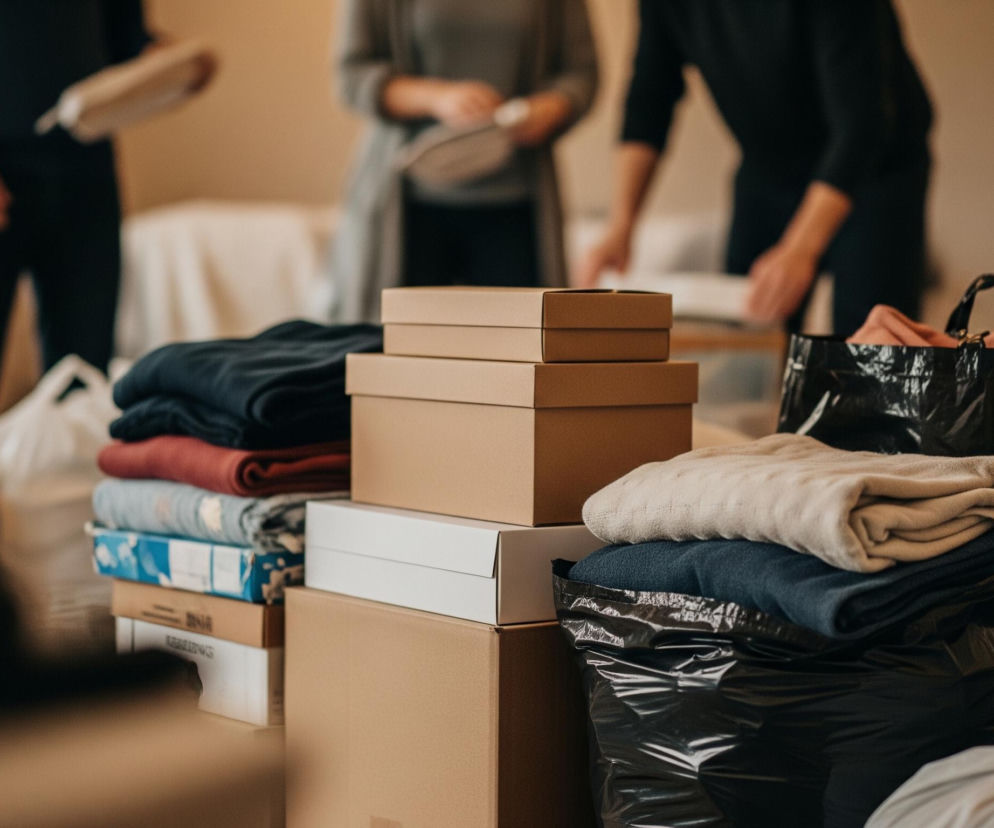 Na pierwszym planie, centralnie, ułożone są stosy przedmiotów. Pośrodku znajduje się stos czterech beżowych kartonowych pudełek, a pod nimi jedno białe, prostokątne pudełko, ustawione na większym kartonowym pudle. Obok, po lewej stronie, leży stos złożonych ubrań: ciemnogranatowa bluza, pod nią bordowy materiał, a dalej stos jaśniejszych tkanin. Po prawej stronie widoczna jest czarna plastikowa torba z uchwytami, wypełniona ubraniami, na wierzchu której leży złożony jasnobeżowy koc. W tle, zamazane postacie trzech osób, stojących w pomieszczeniu o jasnych ścianach, zajmują się pakowaniem, a w lewej górnej części zdjęcia widać fragment okna z białą zasłoną.