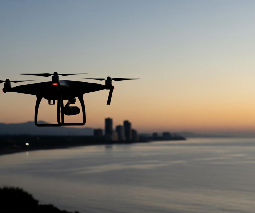 Sylwetka drona z czterema śmigłami, zawieszonego w powietrzu, dominuje po lewej stronie kadru. Pod dronem widać zamocowaną kamerę. Na ciemnym tle, tuż za dronem, widoczne są góry oraz zarysy budynków miejskich wzdłuż linii brzegowej, a dalej rozciąga się morze, którego tafla odbija ostatnie promienie zachodzącego słońca. Niebo gradientowo przechodzi od jasnego błękitu u góry do ciepłego pomarańczowego odcienia przy horyzoncie.