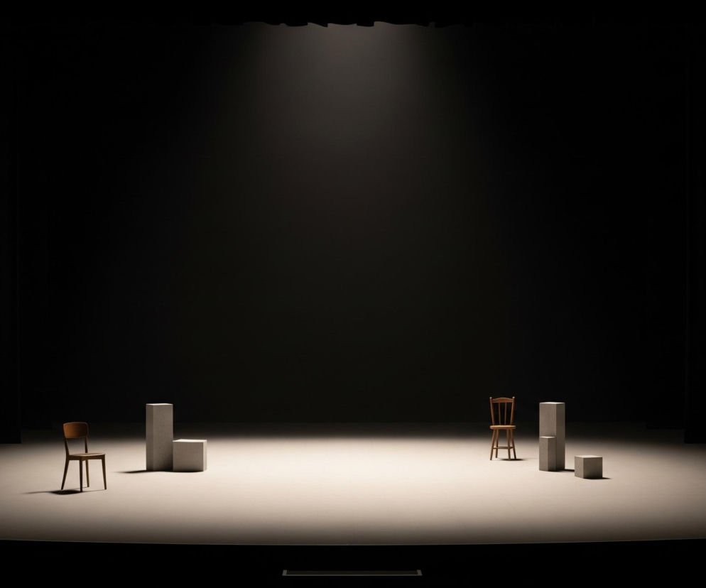 Scena teatralna jest częściowo oświetlona silnym, skierowanym z góry snopem światła, tworzącym jaśniejszy obszar na środku beżowego podłogowego podestu. Na tym oświetlonym obszarze, po lewej stronie znajduje się brązowe drewniane krzesło bez podłokietników i dwa białe prostopadłościany, jeden wysoki, drugi niższy, ustawione obok siebie. Po prawej stronie, nieco dalej, widoczne jest drugie podobne drewniane krzesło oraz kolejne trzy białe prostopadłościany, różniące się wysokością. Pozostała część sceny, w tym tło i boki, jest pogrążona w ciemności, z wyjątkiem fragmentów ciemnoczerwonych zasłon widocznych po bokach kadru.