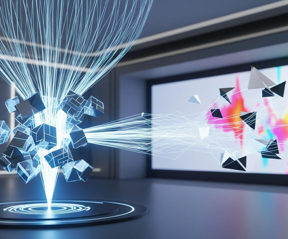 Na pierwszym planie, z lewej strony, unosi się grupa przezroczystych, niebieskich sześcianów, z których każdy ma wyraźnie zarysowane krawędzie. Sześciany są podświetlone intensywnym, biało-niebieskim światłem, które emanuje z okrągłej, ciemnej platformy na podłodze, ozdobionej koncentrycznymi, świetlistymi okręgami. Z każdego sześcianu i z góry tego obiektu, w prawą stronę, biegną liczne, cienkie, świetliste linie, tworząc skomplikowaną sieć.

Linie te rozciągają się w kierunku dużego ekranu umieszczonego na ścianie po prawej stronie. Na ekranie widoczna jest abstrakcyjna kompozycja barw, przypominająca rozmazane plamy w odcieniach różu, żółci, błękitu i czerwieni, a przed nim unoszą się trójkątne kształty w kolorach czarnym, białym i szarym, połączone również świetlistymi liniami. Tło stanowi nowoczesne, szare pomieszczenie z poziomymi i pionowymi pasami świetlnymi na ścianach i suficie.