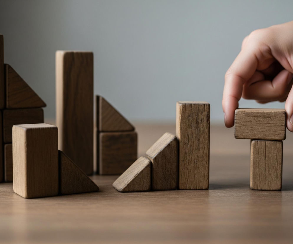 Prawa dłoń osoby, w jasnej koszuli z długim rękawem, trzyma jasnobrązowy, drewniany klocek w kształcie prostopadłościanu, umieszczając go poziomo na pionowo stojącym klocku. Na drewnianym blacie stołu leży sześć grup podobnych drewnianych klocków, tworzących różne konstrukcje, składające się z prostopadłościanów i trójkątnych pryzmatów, o różnych wysokościach. Tło stanowi rozmyta, jasnoszara ściana, a cała scena jest oświetlona z lewej strony, tworząc cienie po prawej stronie obiektów.