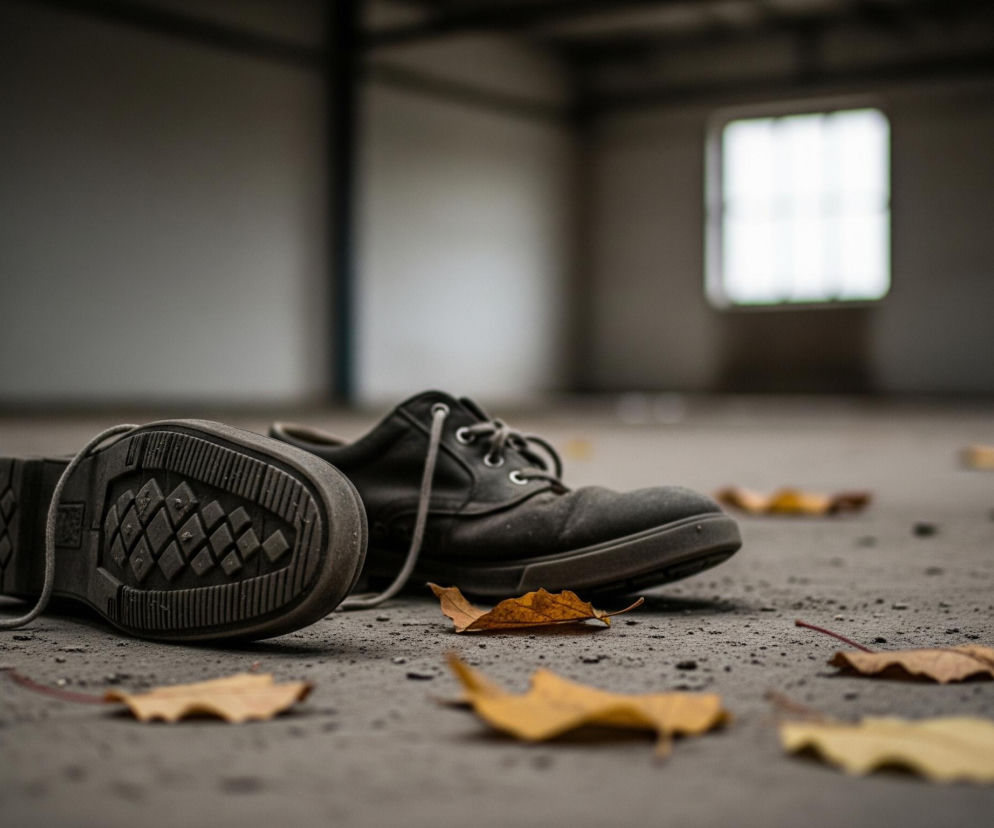 Para ciemnych, znoszonych butów leży na szarej, piaszczystej powierzchni. Jeden but jest odwrócony podeszwą do góry, ukazując bieżnik w romby i paski, a sznurówka od niego rozciąga się w stronę drugiego buta. Drugi but jest ułożony normalnie, z przodu lekko uniesionym. Wokół butów rozrzucone są wysuszone, brązowo-żółte liście. Tło stanowi rozmyte wnętrze opuszczonego budynku, z jaśniejszym, prostokątnym oknem w głębi po prawej stronie.