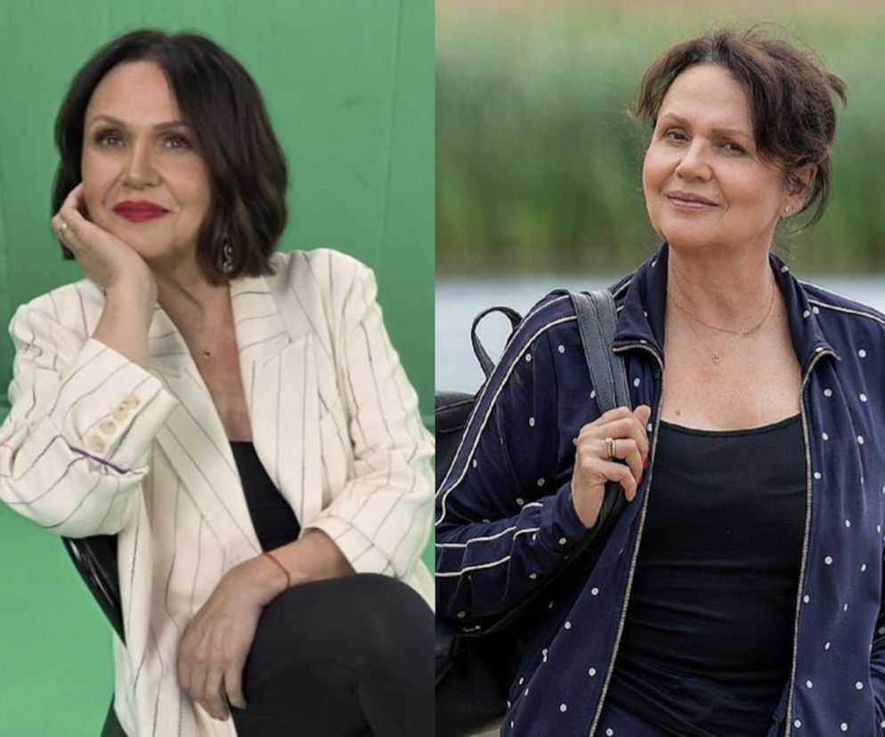 Małgorzata Pieńkowska w eleganckiej marynarce i makijażu. Obok wizerunek aktorki jako Marysi w SE Superseriale.
