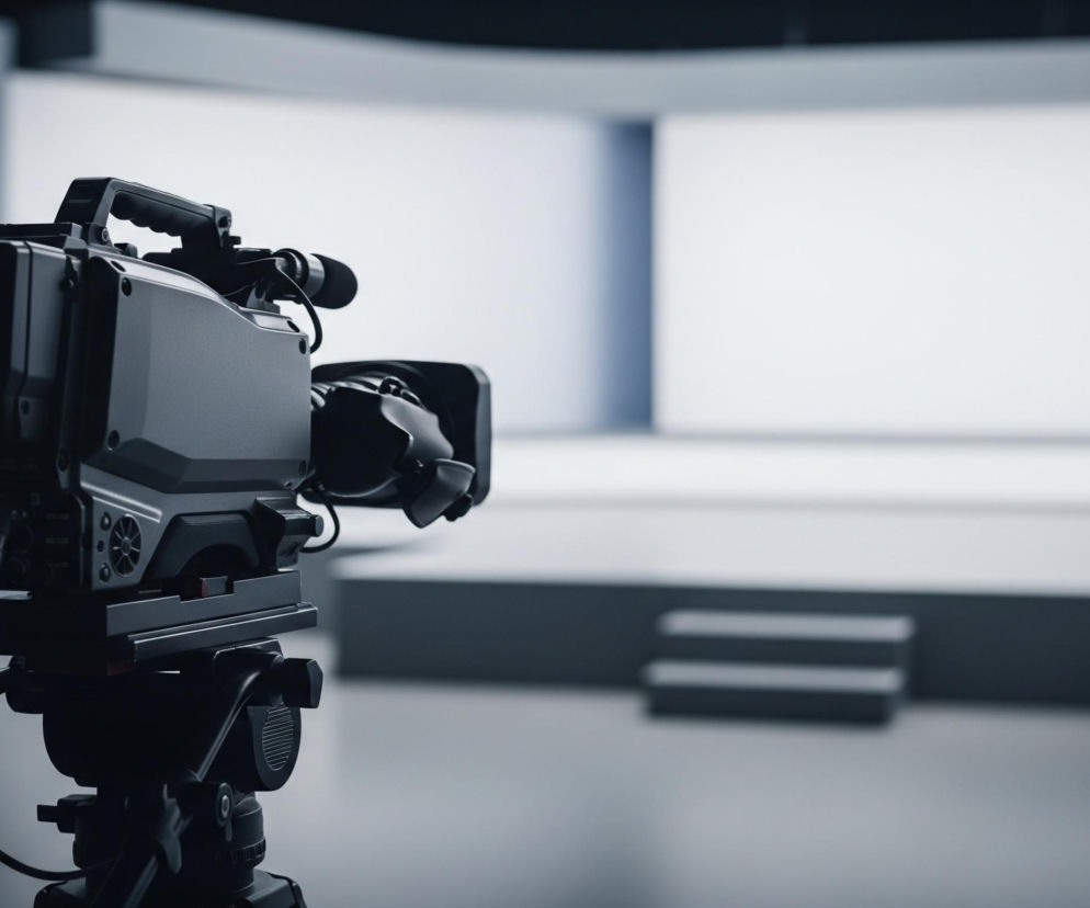 Z bliska widoczna jest profesjonalna kamera wideo, zamontowana na statywie, w ciemnych odcieniach szarości i czerni, skupiona na scenie w tle. Z urządzenia wystaje kilka kabli podłączonych do jego boku. Tło przedstawia minimalistyczną, studyjną przestrzeń z dużym, białym ekranem lub ścianą na końcu, otoczoną ciemniejszymi, pionowymi panelami. Na pierwszym planie po prawej stronie znajduje się podwyższona, dwupoziomowa platforma w kolorze ciemnoszarym.