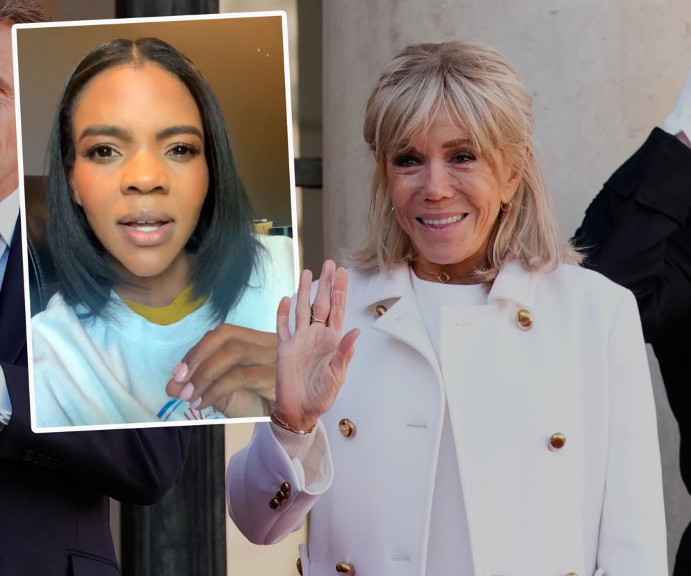 Uśmiechnięta Brigitte Macron w białym płaszczu. Na wstawce Candace Owens. O kulisach procesu sądowego przeczytasz na Eska.