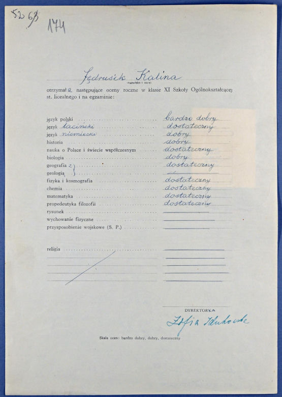 Świadectwo maturalne Kaliny Jędrusik z 1949 roku