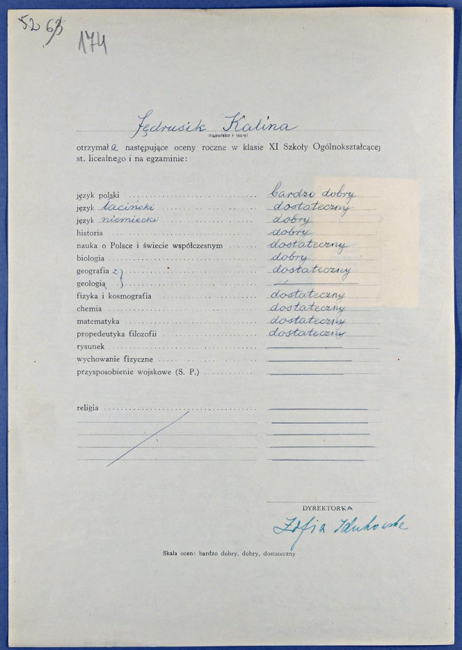 Świadectwo maturalne Kaliny Jędrusik z 1949 roku