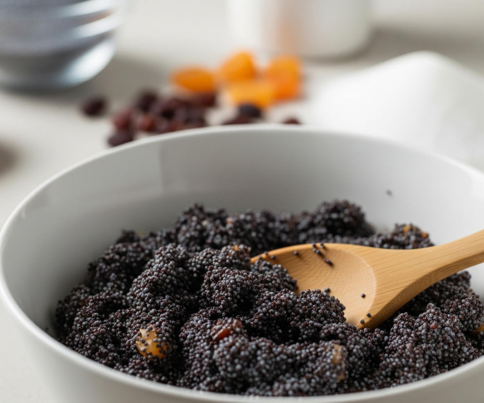 Centralny punkt obrazu stanowi biała, ceramiczna miska wypełniona ciemnym makiem. Ziarna maku są szare, ale ich gęste skupisko sprawia wrażenie ciemnofioletowego, gdzieniegdzie widać jaśniejsze, błyszczące punkty. W maku zatopione są niewielkie, pomarańczowe i brązowe kawałki owoców. Drewniana łyżka o jasnym, beżowym kolorze leży częściowo zanurzona w masie makowej, a na jej powierzchni i wokół niej widoczne są pojedyncze, czarne ziarenka maku. W tle, na jasnoszarym blacie, rozmyte są inne składniki: po lewej stronie znajduje się mała, drewniana miseczka z jaśniejszymi, beżowymi ziarenkami, a dalej na lewo kolejna, przezroczysta miska z ciemnymi ziarenkami. Po prawej stronie, obok miski z makiem, leży kupka ciemnobrązowych rodzynek i kilka pomarańczowych kawałków suszonych owoców, a za nimi widoczna jest stos białego cukru i częściowo białe naczynie.