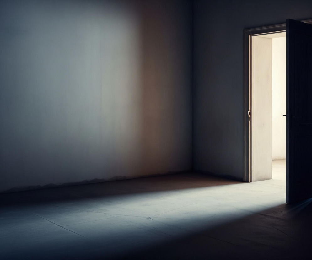 Otwarta na oścież ciemna, prostokątna framuga drzwi znajduje się w prawym górnym rogu obrazu, prowadząc do jaśniejszego pomieszczenia, z którego pada intensywne światło. Światło to tworzy wyraźny, ostry cień na podłodze i ścianie ciemnego pokoju, rozciągający się od framugi w lewo. Lewa strona ściany i podłogi jest pogrążona w ciemności, a jedynie fragment podłogi w centrum jest delikatnie oświetlony.