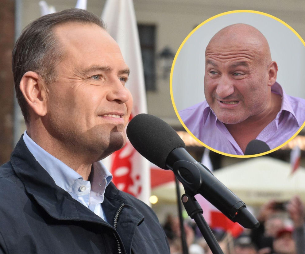 Karol Nawrocki przemawia do mikrofonu. Na miniaturze obok Marcin Najman. O ocenie kandydata przeczytasz w serwisie Eska.