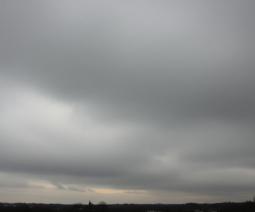 Górną część obrazu zajmuje rozległe, szare, zachmurzone niebo, z nieco jaśniejszym obszarem blisko lewego górnego rogu. Poniżej, w centralnej części kadru, rozciąga się pas ciemniejszych, bardziej zbitych chmur. Na dole widać ciemną, niemal czarną linię horyzontu z zarysem bezlistnych drzew i krzewów, a także delikatny, jaśniejszy pomarańczowo-żółty pas chmur tuż nad horyzontem, widoczny w prawej części.