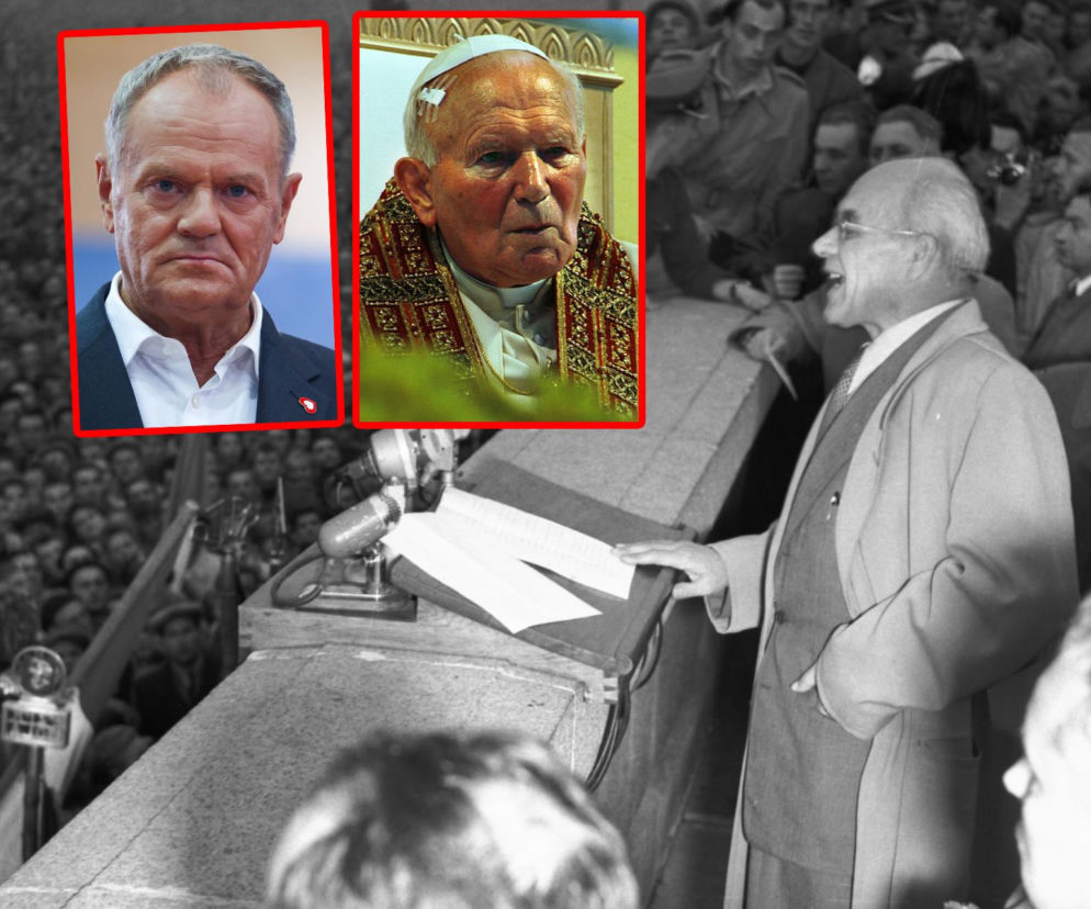 Władysław Gomułka przemawia do tłumu. Obok wstawki z Donaldem Tuskiem i Janem Pawłem II. O historii pisze Eska Warszawa.