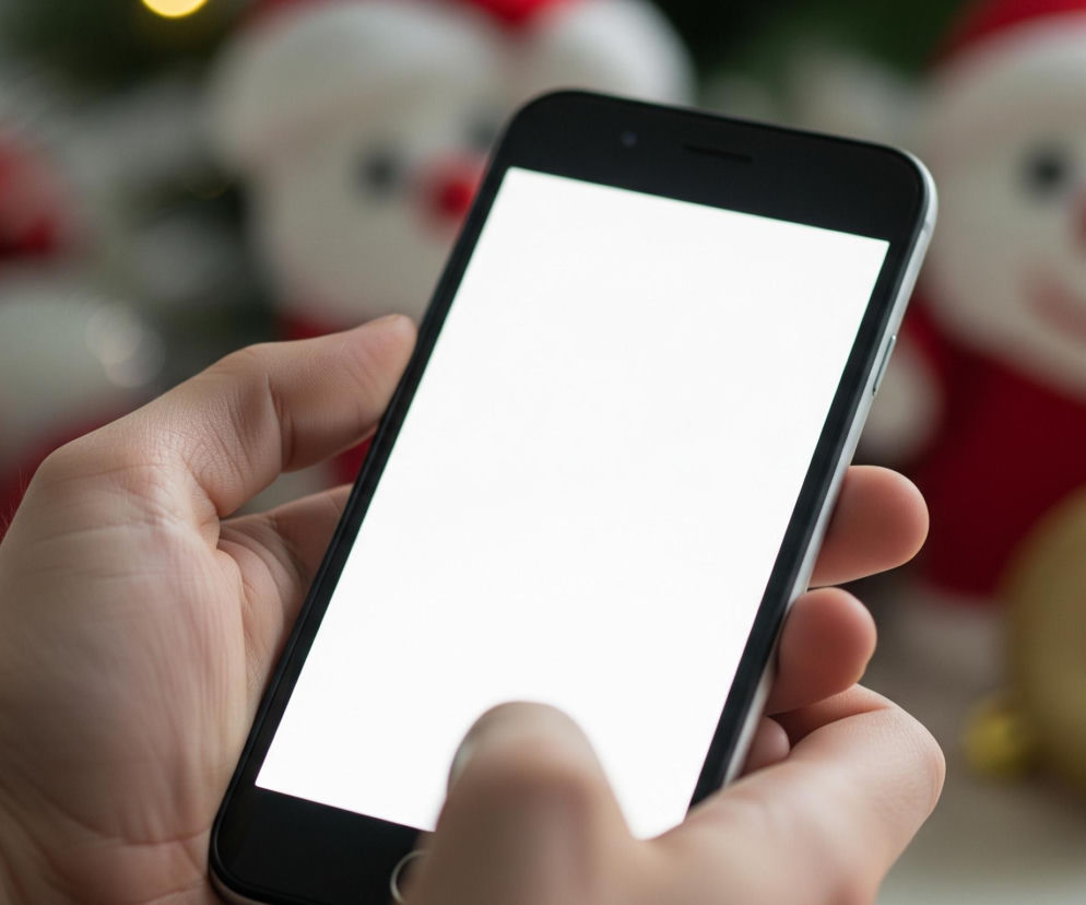 Dłonie trzymające smartfon z białym, pustym ekranem, symbolizujące wysyłanie życzeń świątecznych online. W tle rozmazane dekoracje bożonarodzeniowe: czerwone i złote bombki oraz figurki Mikołajów. Więcej o świątecznych życzeniach przeczytasz na Super Biznes.