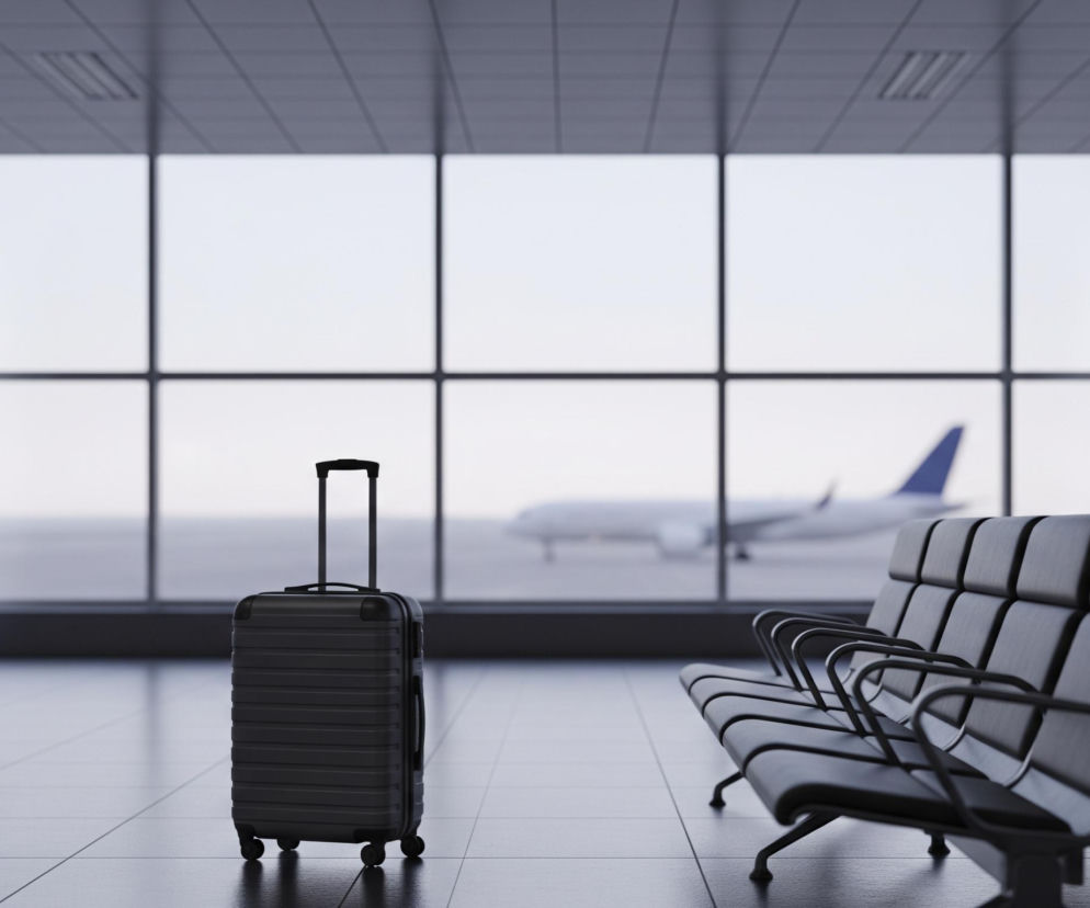 Wnętrze terminalu lotniczego ukazuje pojedynczą, ciemnoszarą walizkę stojącą na błyszczącej, kafelkowanej podłodze. Walizka, z wysuniętą rączką, znajduje się na pierwszym planie, w centrum kadru. Po prawej stronie widać rząd pustych, ciemnych siedzeń z metalowymi podłokietnikami, skierowanych w stronę okna. Duże, prostokątne okna zajmujące całą ścianę ukazują na zewnątrz częściowo widoczny biały samolot pasażerski z niebieskim ogonem, na tle jasnego, zachmurzonego nieba.
