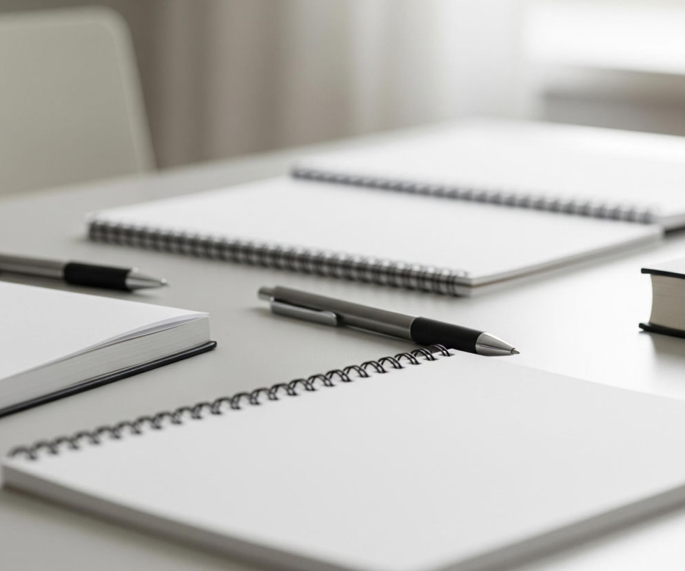 Na jasnym, jednokolorowym blacie stołu leży kilka otwartych i zamkniętych zeszytów oraz książek, wraz z długopisami. Na pierwszym planie, w dolnej części kadru, znajduje się otwarty zeszyt z pustymi białymi kartkami i czarną spiralą, a obok niego leży srebrno-czarny długopis. Nieco dalej, po lewej stronie, widoczny jest kolejny otwarty zeszyt lub notatnik z białą okładką i czarnym grzbietem, a za nim drugi identyczny długopis. W tle, na prawo od środka kadru, leży zamknięta książka o jasnych kartkach i czarnym grzbiecie, a dalej po prawej stronie widać rozłożony zeszyt z białą okładką i czarną spiralą. Cała kompozycja utrzymana jest w jasnych, neutralnych barwach, dominują biele, szarości i czerń, a oświetlenie jest równomierne i delikatne.