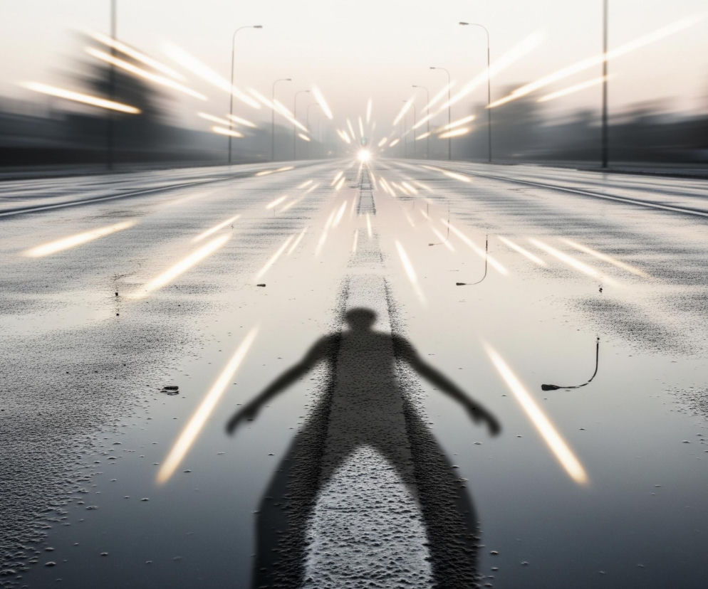 Ciemna sylwetka postaci z rozłożonymi rękami rzuca się na mokrą, asfaltową drogę, odbijając się w kałuży. Światła z oddali, rozmyte i wydłużone, rozchodzą się na boki drogi, tworząc świetlne smugi. Droga biegnie prosto w dal, po bokach widoczne są latarnie uliczne i rozmazane, ciemne budynki lub drzewa. Całość utrzymana jest w chłodnej tonacji szarości i bieli, z dominującymi elementami świetlnymi w odcieniach żółci i pomarańczu.