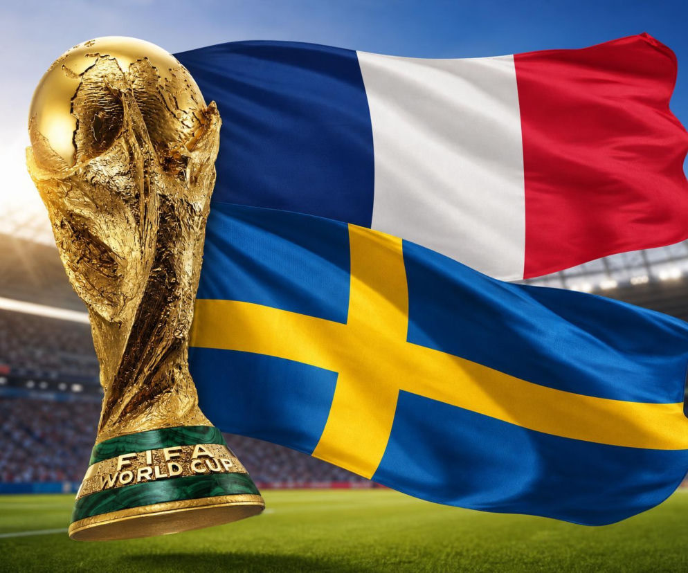 Puchar Świata FIFA na pierwszym planie z powiewającymi flagami Francji i Szwecji na tle stadionu piłkarskiego, symbolizujący rywalizację na Mundialu 2026. Szczegółowe statystyki meczu Francja-Szwecja znajdziesz na naszym portalu.