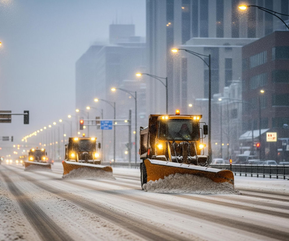 Na zdjęciu widoczna jest zimowa scena z trzema pomarańczowymi pługami śnieżnymi jadącymi w głąb perspektywy po zaśnieżonej ulicy w mieście. Czołowy pług, najbliżej widza po prawej stronie, aktywnie odgarnia śnieg na boki, pozostawiając za sobą czyste pasy jezdni. W tle, po obu stronach drogi, widać liczne słupy oświetleniowe z zapalonymi, żółtymi lampami, a także niewyraźne zarysy wysokich budynków miejskich, z których niektóre mają wyraźnie widoczne okna. Panuje mglista atmosfera spowodowana opadami śniegu, który odbija światło z latarni i reflektorów pojazdów, a po lewej stronie, na pokrytym śniegiem chodniku, widać pojedynczą postać.