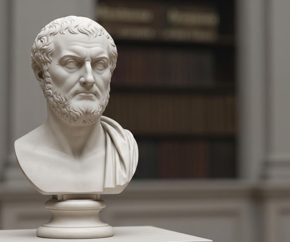 Białe popiersie z białego marmuru, przedstawiające mężczyznę w średnim wieku, z brodą i kręconymi włosami, zajmuje centralną część obrazu. Postać ma surowe spojrzenie, a jej tors okryty jest udrapowaną tkaniną. Popiersie stoi na cokole o profilowanej podstawie, umieszczonym na jasnym, płaskim postumencie. Tło stanowią rozmyte regały z książkami o różnych, ciemnych oprawach, sugerujące wnętrze biblioteki lub czytelni.