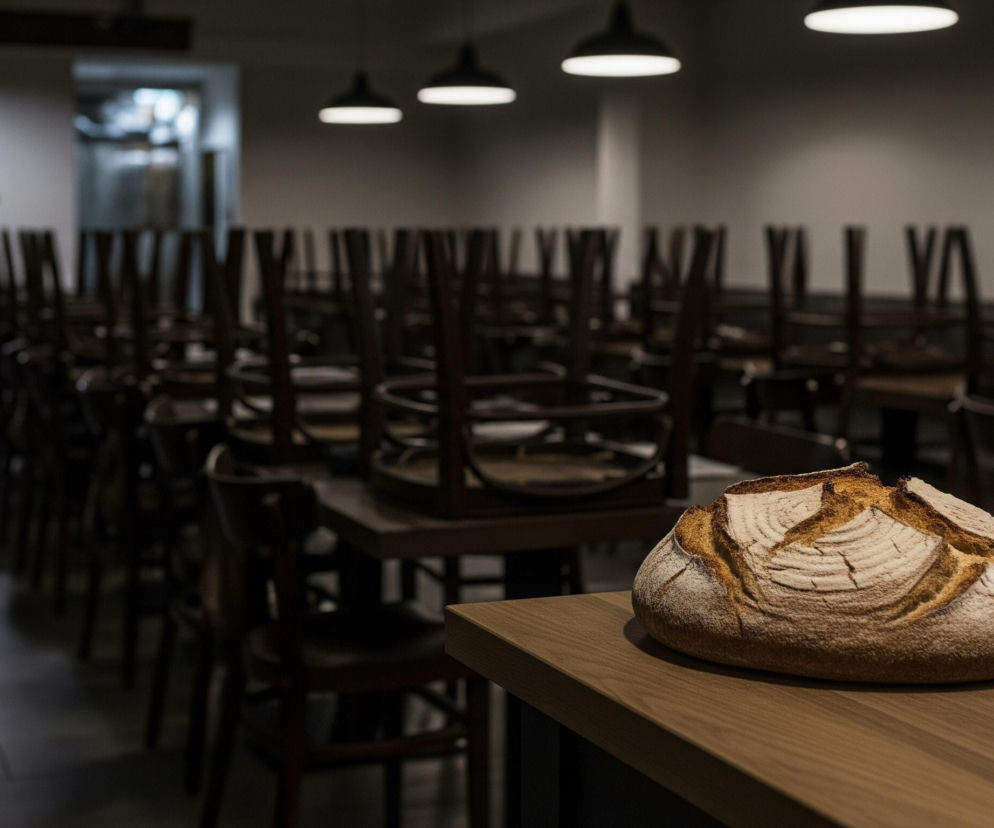 Na pierwszym planie, z prawej strony, na jasnobrązowym drewnianym blacie, leży okrągły bochenek chleba z grubą, popękaną skórką, posypany mąką. W tle, w głąb pomieszczenia, widać długi rząd drewnianych stołów z krzesłami odwróconymi do góry nogami i ustawionymi na blatach, co sugeruje zamknięcie lokalu. Pomieszczenie jest słabo oświetlone przez kilka wiszących, czarnych lamp z białymi kloszami, które emitują ciepłe, białe światło. Ściany są jasne, a ogólna atmosfera jest spokojna i stonowana.