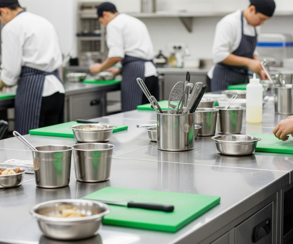 Na pierwszym planie, z prawej strony, stoi szef kuchni w białym kitlu i granatowym fartuchu w białe paski, przygotowujący coś na zielonej desce do krojenia. Przed nim, na metalowym blacie, rozmieszczone są liczne stalowe pojemniki i miseczki, niektóre z nich zawierają jasnobrązowe składniki. W tle widać trzech innych szefów kuchni, również w białych kitlach i fartuchach, pochylonych nad swoimi stanowiskami pracy z zielonymi deskami do krojenia, w przestrzeni nowoczesnej kuchni przemysłowej z metalowymi blatami i szafkami. Całe pomieszczenie jest dobrze oświetlone, a ogólna paleta barw jest zdominowana przez srebrny metal, biel i zieleń desek.
