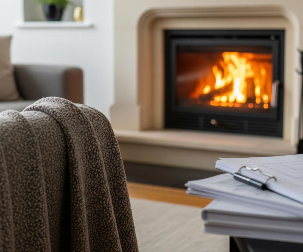 Na pierwszym planie, z lewej strony, widoczna jest brązowa, puszysta narzuta z teksturowanej tkaniny, zwisająca z oparcia kanapy w podobnym odcieniu szarości. W tle, w centrum kadru, znajduje się kominek z palącym się, jasno pomarańczowym ogniem, otoczony kremową, kamienną obudową. Po prawej stronie, na blacie, leży stos białych dokumentów z metalowym klipsem na wierzchu, a za nim widoczne są czarne narzędzia kominkowe i ułożone drewno do palenia. W głębi, po lewej, rozmyte, widoczne są fragmenty kanapy z beżową poduszką oraz półka z ciemną doniczką i złotym elementem dekoracyjnym.