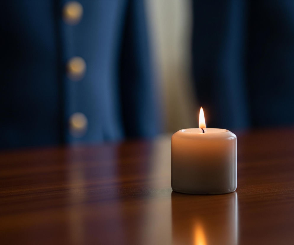 Na pierwszym planie, z prawej strony, znajduje się zapalona świeca woskowo-kremowego koloru, stojąca na lśniącej, brązowej drewnianej powierzchni. Płomień świecy jest jasnopomarańczowy u podstawy i żółto-biały na szczycie, odbijając się wyraźnie w polerowanym blacie. W tle widoczne są rozmyte, ciemnogranatowe fałdy materiału z kilkoma złotymi, okrągłymi elementami, co sugeruje ubranie.